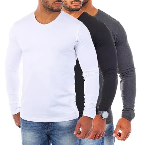 Young & Rich Herren Uni Longsleeve v-Neck Basic Tee Langarm Shirt einfarbig V-Ausschnitt Slimfit mit Stretchanteilen 2001, Grösse:S, Farbe:Weiß/Schwarz/Dunkelgrau Melange (3er Pack)