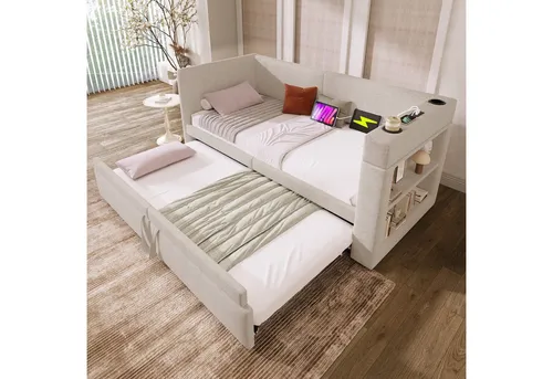 Odikalo Schlafsofa Ausziehbett Bettgestell Getränkehalter Leinen 90x190/200Beige/Grau