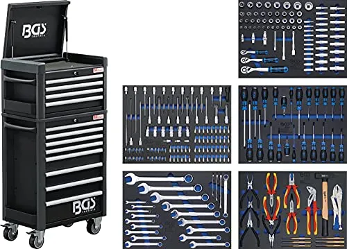BGS Werkstattwagen Profi Standard Maxi 12 Schubladen - Bit-Sets inklusive 263 Werkzeugen, ideal für Profis und Hobby-Handwerker, ausgestattet mit robustem Hartschaum für optimale Organisation und schnellen Zugriff.