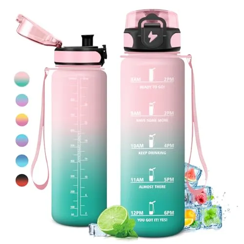 KollyKolla Trinkflasche 1 Liter, Kohlensäure Geeignet, Sport Trinkflasche mit Zeitmarkierungen, BPA-Frei, Sportflasche Auslaufsicher, Wasserflasche für Kinder, Erwachsener, Schule, Gym, Büro, Fahrrad