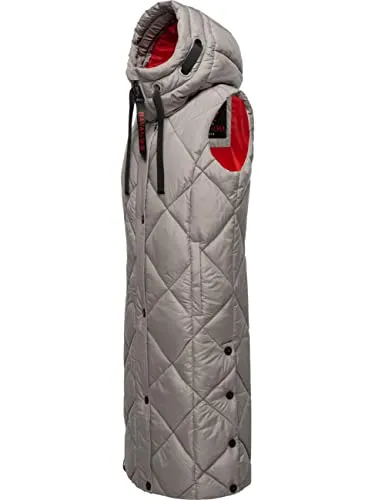 Navahoo Damen Winter Steppweste lang mit Kapuze Zinc Grey Gr. XXL - Funktionsjacke mit modischer Karo-Steppung, warmer Wattierung und verstellbarer Kapuze – ideal für kalte Tage und aktive Outdoor-Aktivitäten.