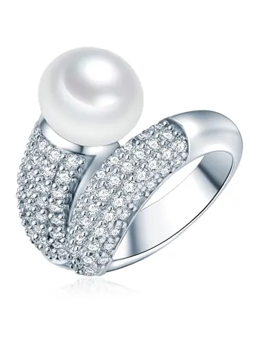 Valero Pearls Perlenring Silber mit Süßwasser-Zuchtperlen - Eleganter Cocktailring aus Sterling Silber mit strahlenden Süßwasser-Zuchtperlen (9-10 mm) und funkelnden Zirkonia – der perfekte Schmuck für besondere Anlässe.