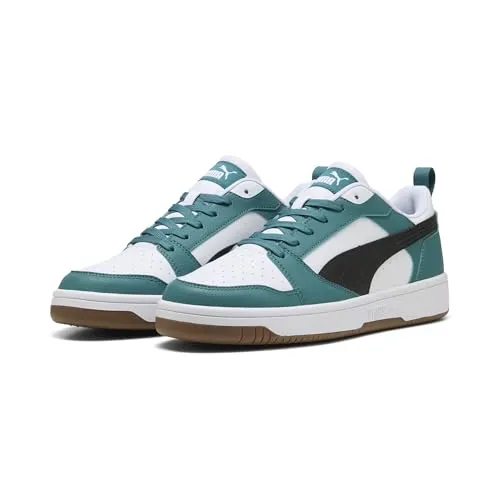 PUMA Erwachsene Rebound V6 Low Sneakers 38.5 - Emerald Ice Black White Green - Stylische Sneakers mit perforiertem Zehenbereich und Doppelschicht-Ösenleisten. Ideal für den Alltag und den sportlichen Look. Hoher Tragekomfort durch getrommeltes Obermaterial.