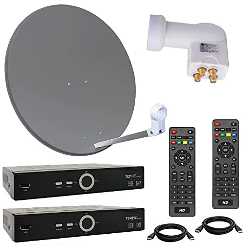 netshop 25 HD Sat Anlage 80 cm Spiegel + Opticum Quad LNB für 4 Teilnehmer + 2 Stück HD SAT Receiver (3 Farben wählbar)