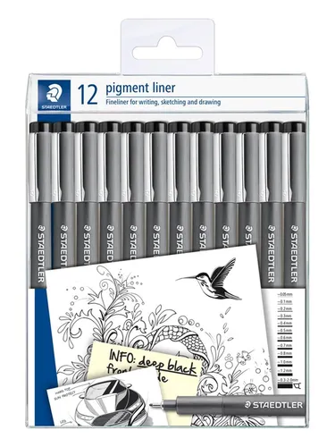 STAEDTLER schwarze Pigment Liner - 12er Set mit dokumentenechter Pigmenttinte, lange Lebensdauer und ideal für präzises Zeichnen und Skizzieren
