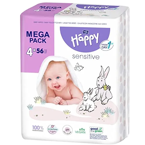 bella baby Happy vegane Baby Feuchttücher Sensitive plastikfrei und biologisch abbaubar, 4er Pack (4 x 56 Stück), Feuchttücher für Babys zur Pflege von sensibler Haut