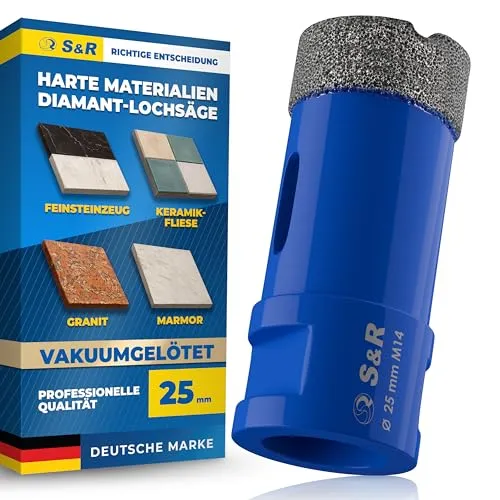 S&R Professional Diamant Fliesenbohrer 25 mm, Lochsäge für Fliesen M14 Gewinde, Diamant Bohrer Fliesen, Vakuum Gelötete Bohrkrone Winkelschleifer für Keramik, Feinsteinzeug, Granit, Marmor, Porzellan