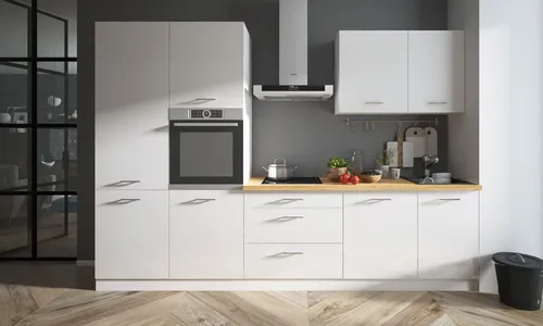 Küchenzeile ESSEN TREND 310cm weiß Hochglanz - Moderne Einbauküche mit 8 Türen und 3 Schubläden, ausgestattet mit Soft-Close-Funktion und eleganten chromglänzenden Metallgriffen. Perfekt für stilvolle Küchenräume.