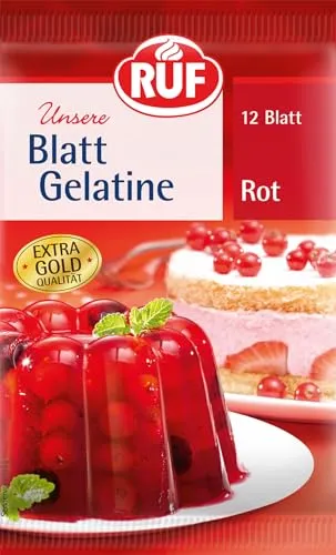 RUF Blatt Gelatine rot, 12 Blatt für vielseitige Rezepte - Stärke & Bindemittel: Ideal zum Gelieren und Verdicken, löst rückstandslos auf und verleiht Speisen einen schönen Rotton.