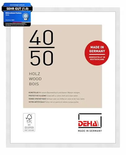 DEHA Design Bilderrahmen Fontana, 40 x 50 cm, Weiß aus Holz - Moderner Bilderrahmen Fontana aus FSC-zertifiziertem Holz, bruchsicherem Kunstglas und stabiler MDF-Rückwand. Ideal für Hoch- und Querformate, einfach aufzuhängen und perfekt für jedes Zuhause.
