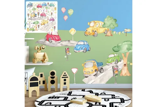 XXL Auto Wandtattoo Set für Kinderzimmer - Wandsticker für Baby- & Kleinkinderzimmer, farbenfrohes Set für komplette Wandgestaltung, konturgeschnitten ohne Ränder, selbstklebend und rückstandslos entfernbar.