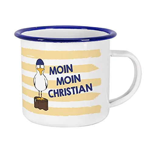 Herz & Heim® Maritime Emaille Tasse mit Namen - Moin Moin