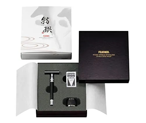Feather WS-D2S Rasierklingen-Rasierer mit Holzgriff - Rasier-Set mit edlem Holzgriff und Edelstahl-Rasierer, perfekt für eine präzise und sanfte Rasur.