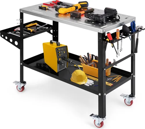 COSTWAY Mobiler Schweißtisch 92x46 cm mit hoher Tragkraft - Robuste Schweißwerkbank mit stabiler Tragkraft bis zu 540 kg. Aus galvanisiertem Metall gefertigt, ideal für präzise Schweißarbeiten und effiziente Werkzeugorganisation.
