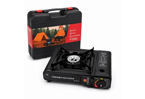 Camping Gaskocher mit Piezozündung – Ideal für Outdoor-Abenteuer - Leichter Campingkocher mit Piezozündung, perfekt für Outdoor-Aktivitäten. Aus robustem Edelstahl, kompakt und einfach zu transportieren. Inklusive praktischer Aufbewahrungstasche.