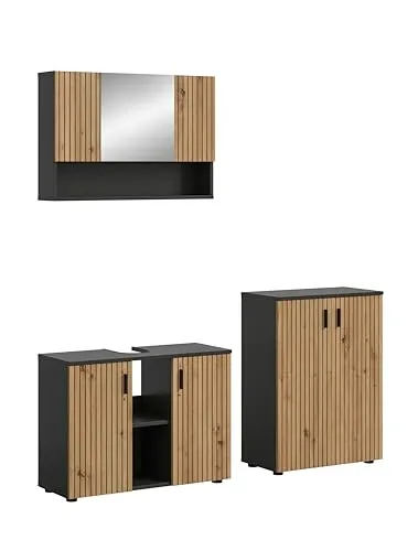 xonox.home Badezimmerkombination Mone 155x180 cm – Modern & Pflegeleicht - Drohnen: 3-tlg. Badkombination Mone in edlem Design aus Basalt und Artisan Oak, bietet funktionalen Stauraum und ist pflegeleicht, ideal für Ihr modernes Bad.