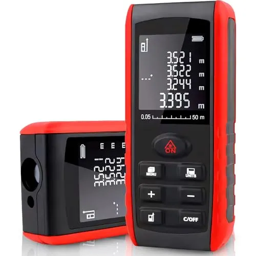 Retoo Laser Entfernungsmesser 50 m – Digitales Messgerät mit Wasserwaage & Winkelmesser, ±1,5 mm Genauigkeit, Hintergrundbeleuchtetes Display, m/in/ft Umschaltung, 2X AAA Batterie