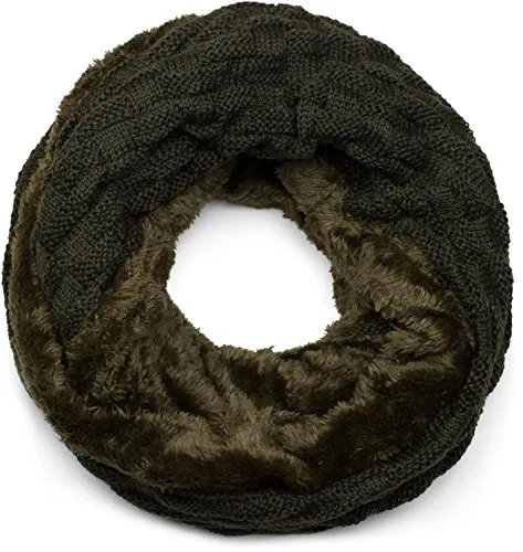 styleBREAKER warmer Feinstrick Loop Schal mit Flecht Muster und sehr weichem Fleece Innenfutter, Schlauchschal, Unisex 01018150, Farbe:Tannengrün dunkel