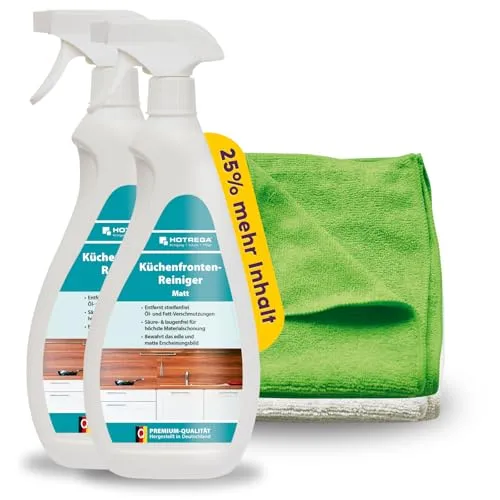 HOTREGA Küchenfronten Reiniger Matt 2x 750 ml – Effektive Pflege für matte Oberflächen - Ideal für matte Küchenfronten – entfernt Fingerabdrücke und Alltagsschmutz streifenfrei. Sicher für empfindliche Materialien und einfach in der Anwendung. Inklusive 2 Microfasertüchern für optimale Ergebnisse.