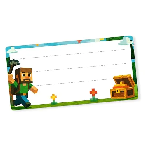 itenga 40x Buchetiketten Heftetiketten 9x4,5cm I Schulheft Etiketten I Namensschild beschreibbar selbstklebend Aufkleber aus Haftpapier (Blockgame Pixel)