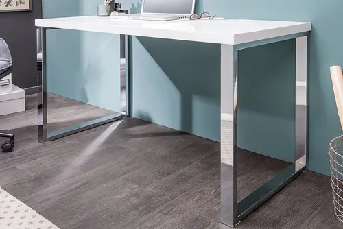 Riess-Ambiente WHITE DESK 120cm - Hochglanz Schreibtisch in Weiß/Silber - Kinderschreibtische, moderner Hochglanz-Schreibtisch mit robustem Metallgestell, ideal für das Home Office oder kreative Arbeitszimmer.