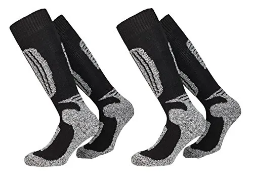 PistenSauser 2 Paar warme Skisocken, Ski-Kniestrümpfe zum Preis von einem Paar mit zusätzlicher Garantie, Damen, Herren, Kinder (Schwarz mit Wolle, 43-46)