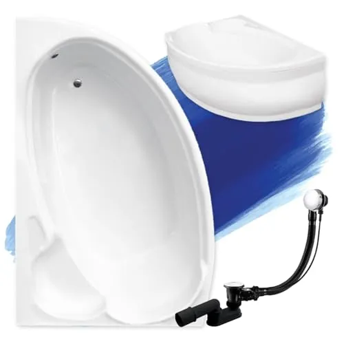 BADLAND Badewanne Original Weiß Acryl Wanne Eckbadewanne FINEZJA 170x110 Links KOMPLETTSET SET mit Weiß Acrylschürze + Füßen und Exklusive Chrom Automatik Ablaufgarnitur Made in EU 4in1