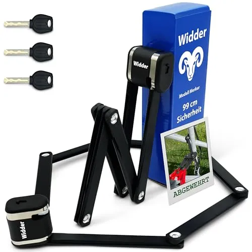 Widder Faltschloss Fahrrad – Hohe Sicherheit mit Titan-Stahl Level 15 - Faltschlösser für Fahrräder und E-Bikes, extrem sicher durch Spezialstahl und Anti-Kratz-Beschichtung. Inklusive 3 Schlüssel und Halterung für einfache Montage.