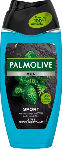 Palmolive Duschgel Men Sport 3in1 - Frisch & Vegan, 250ml - Hautpflegemittel für Männer, 3in1 Duschgel für Gesicht, Haare und Körper mit ätherischen Ölen. 95% natürliche Inhaltsstoffe und biologisch abbaubar.