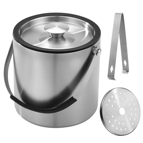 2L Eiswürfelform, Eiskübel mit deckel,Eiswürfelbehälter edelstahl mit Clips und Sieb, ideal für Partys, Bier, Cocktailbars, Champagner und Obst,zur zum Kühlen von Getränken