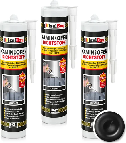 Isolbau Kamin & Ofen Dichtstoff - 3 x 300 ml, Feuerbeständige Dichtmasse bis 1500 °C - Für Reparatur & Füllung von Rissen in Kaminen & Öfen - Schwarz