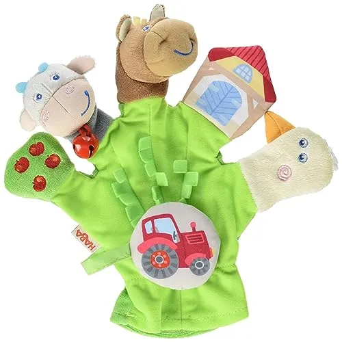 HABA 304933 - Spielhandschuh Bauernhof, Handpuppe mit interaktiven Fingerfiguren - Sonstiges - Entdecken Sie den Spielhandschuh Bauernhof von HABA mit interaktiven Klapper-, Klingel- und Knistergeräuschen, der die Fantasie von Babys ab 18 Monaten anregt.