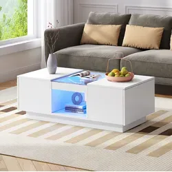 Couchtisch Aus Spanplatte In Weiß Mit Glaseinsätzen 100 Cm, Led Per App-steuerung, 2 Schubladen