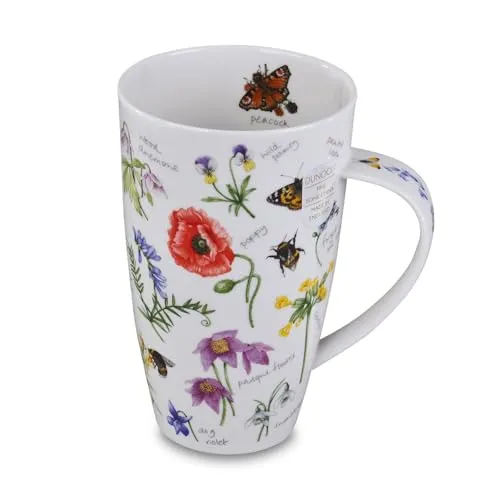 DUNOON Henley Wayside Porzellan Becher - Thermobehälter aus hochwertigem Fine Bone China, spülmaschinen- und mikrowellengeeignet. Mit 600 ml Fassungsvermögen für ausgiebige Pausen und einem modernen Design mit floralen Motiven.