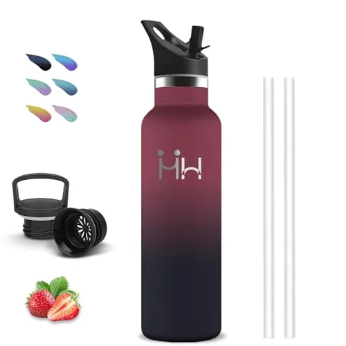 Trinkflasche Edelstahl, 750ml Thermosflasche, BPA-Frei, Thermosflaschemit Strohhalm, Isolierflasche Doppelwandig, Trinkflasche Sport, Isolierflasche Auslaufsicher, für Wandern, Camping, Fitness, Yoga