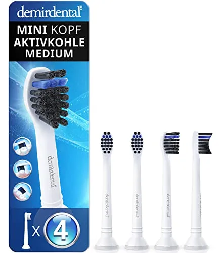 4er demirdental Mini Aktivkohle Aufsätze passend für Philips Sonicare Ersatzbürsten, kleine Bürstenköpfe für punktgenaue und natürliche Reinigung, Weiß, Medium, entspricht HX4084m