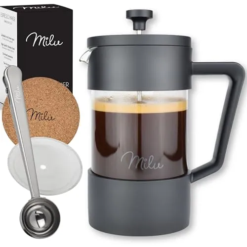 Milu French Press Kaffeebereiter | 350ml, 600ml, 1L | Glas Kaffeepresse, Kaffeezubereiter für Zuhause Reisen Camping inkl. Untersetzer, Löffel, Ersatzfilter (Schwarz, 350ml (2 Tassen)