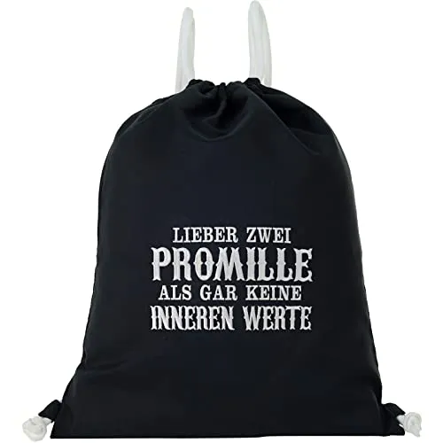 Turnbeutel schwarz mit Spruch wasserdicht Lieber zwei Promille, als gar keine inneren Werte Sportbeutel Männer Gymbag Rucksack lustige Beuteltasche | Geschenk für Bierliebhaber