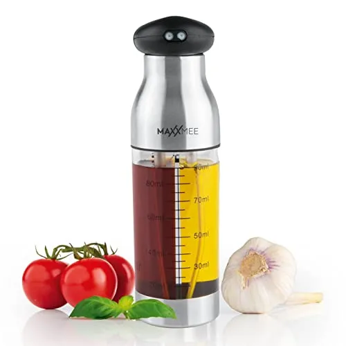 MAXXMEE Sprühflasche Ölzerstäuber | Sprühflasche für Essig, Öl, Zitronensaft | Sparsam dosieren zur gesünderen Ernährung mit weniger Öl & Fett | 2 seperate Füllkammern je bis 90 ml Volumen [Edelstahl]