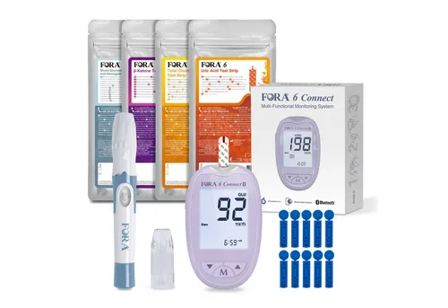 FORA 6 Connect - All-in-One Gesundheits Messgerät für die Familie, präzise Blutzucker-, Keton-, Cholesterin- und Hämoglobin-Tests mit Bluetooth E-Tagebuch in Lavendel Lila