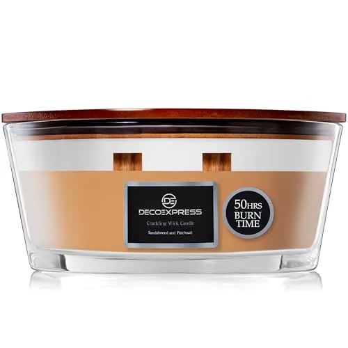 DECO EXPRESS Duftkerze im Glas mit 2 Knisterndem Docht Elegante Duft Kerzen Bis zu 50 Stunden Lange Brenndauer Geschenk Idee (Sandelholz und Patchouli)
