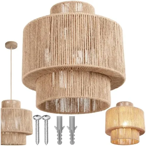 TecTake Pendelleuchte Allegra aus Jute im Boho-Stil, 40W - natur - Charmante Pendelleuchte im Boho-Stil mit handgefertigtem Lampenschirm aus nachhaltiger Jute, ideal für stimmungsvolle Beleuchtung und einfache Montage.