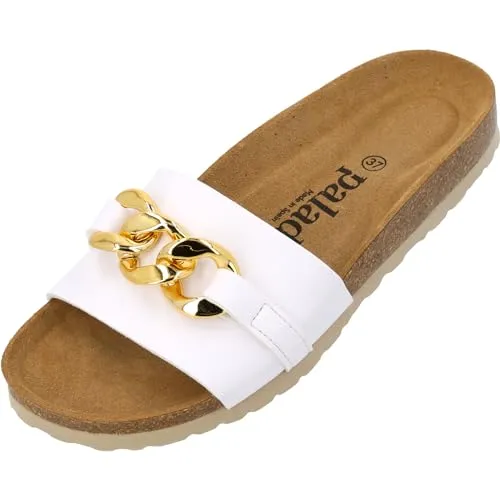 Palado Pantoletten Damen Gozo - bequeme Sandalen Made in Spain - Hausschuhe mit dämpfendem Kork-Fußbett - modische Sommerschuhe weiß UK4,5 - EU37