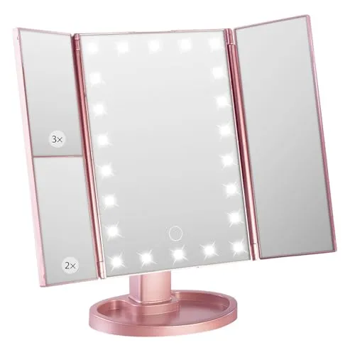 Sichler Beauty Frisiertisch Spiegel: Falt-Schminkspiegel mit Beleuchtung, 3x/2x/1x-Vergrößerung, roségold (Make Up Spiegel mit Beleuchtung, Badezimmerspiegel mit, LED)