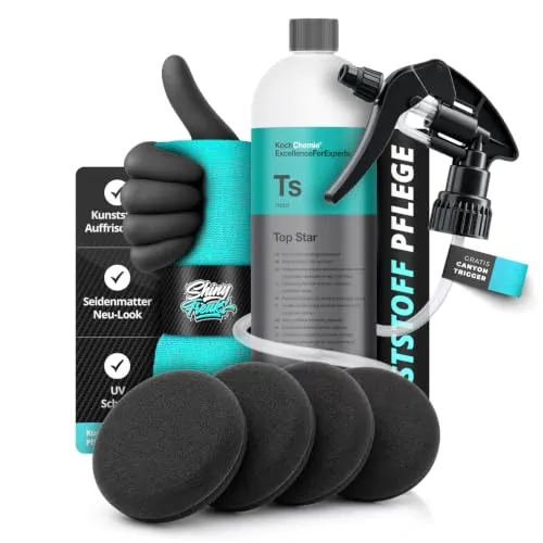 Shiny Freaks Koch Chemie Top Star Kunststoffinnenpflege 1L mit Canyon Sprühkopf 4 Applikatoren Tuch und 1 Paar Handschuhe | Seidenmatte Pflege für Cockpit und Kunststoffe im Innenraum | 8-teilig