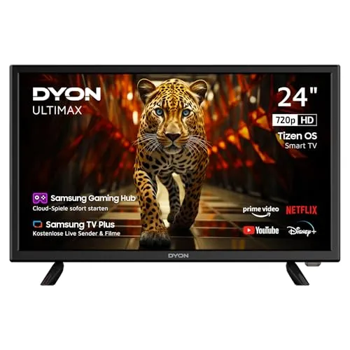 DYON ULTIMAX 24H-TI-W - 24 Zoll HD Smart TV - Kompakter 24 Zoll Smart TV mit Tizen OS, Triple Tuner und Zugriff auf Prime Video, Netflix und Disney+. Genieße lebendige HD-Bilder und ein vielfältiges Multimediaerlebnis.