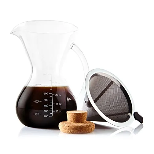 Apace Living SultryBrew Pour Over Kaffeebereiter inkl. Kaffeeschaufel und Korkdeckel Eleganter Handfilter für Filterkaffee mit Glaskaraffe & Permanentfilter aus Edelstahl (800 ML)