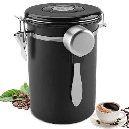 Foydream Kaffeedose Luftdicht, 1,8L Kaffeebohnen Behälter 304 Edelstahl mit Datumsverfolgung und Messlöffel für Mahl, Bohnen, Tee, Mehl, Getreide und Zucker Weiß (Schwarz)