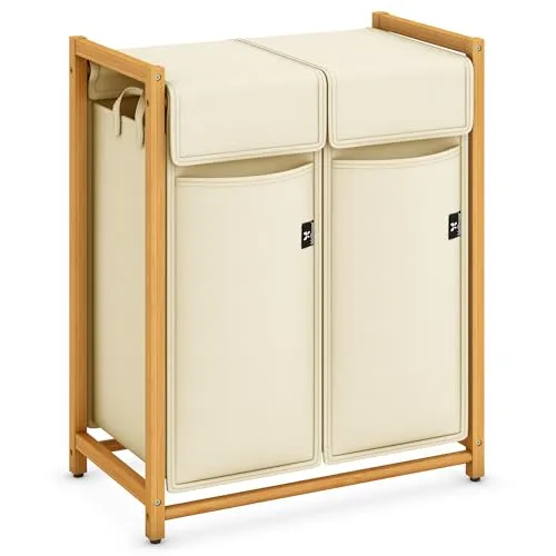 AdelDream Wäschekorb 100L – Bambus Wäschesortierer mit 2 Fächern, abnehmbarer & atmungsaktiver Wäschesack, Wäschebox für Schmutzwäsche & Aufbewahrung im Badezimmer, Waschküche & Schlafzimmer, Beige