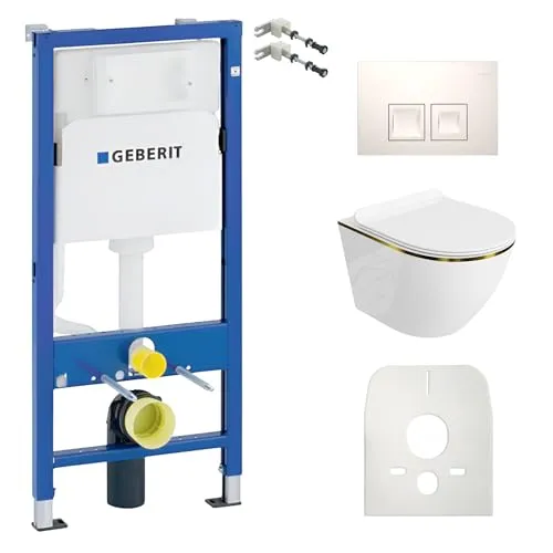 Lavita Duofix Basic Vorwandelement + Wand Tiefspül WC Sofi Slim Gold Line Spülrandlos + WC Sitz + Bedienplatte Delta 25 Weißer Knopf Komplettset Unterputz Spülkasten Toilette Komplett Sett WC
